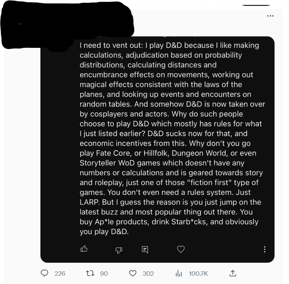 A Twitter post claiming D&D sucks because it has become to roleplay heavy and "fiction forward."