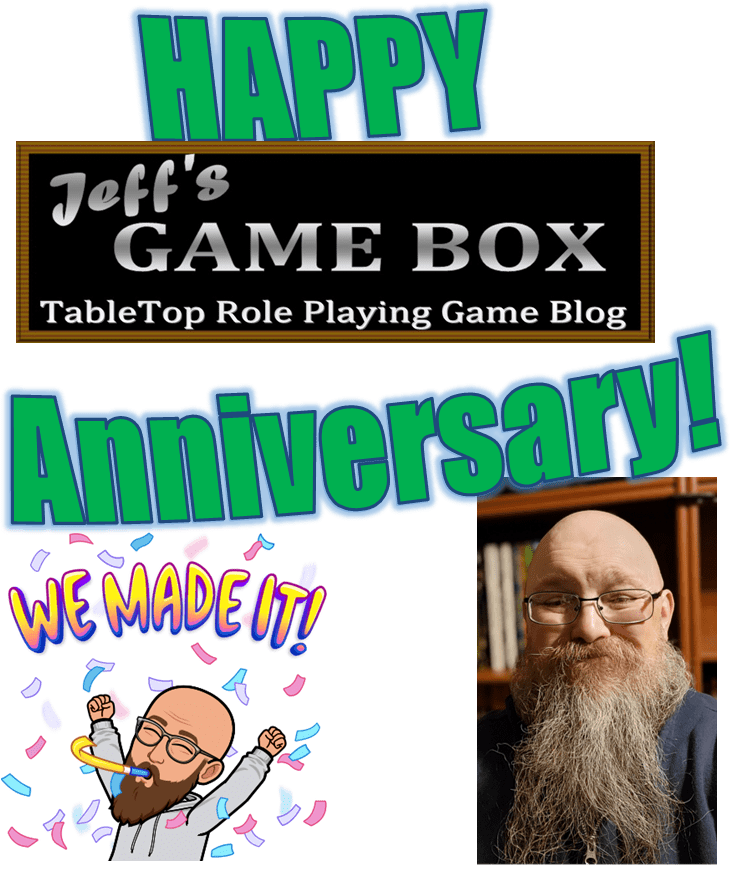 Happy Anniversary Jeff's Game Box. Bitmoji we made it. Picture of a bald mani in glasses with a long beard.