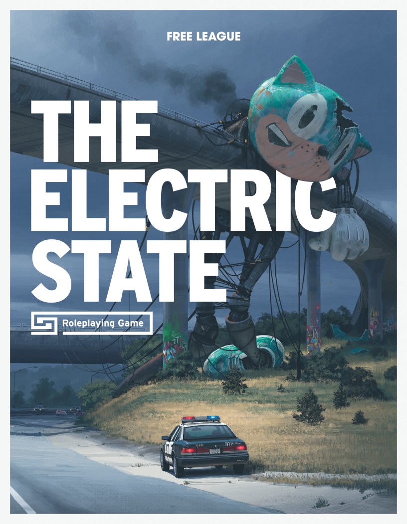 The Electric State. Giant robot with a cartoonish cat head slumped over a freeway overpass bridge while a police car looks on.