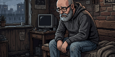 Elderly man with glasses and beard sitting on bed in rainy room