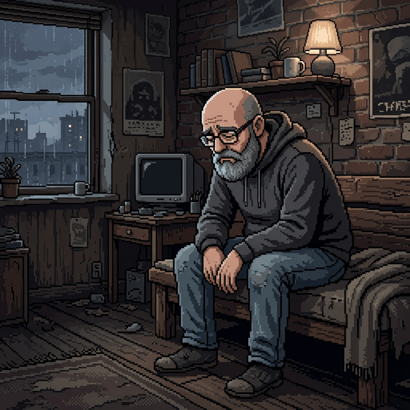 Elderly man with glasses and beard sitting on bed in rainy room