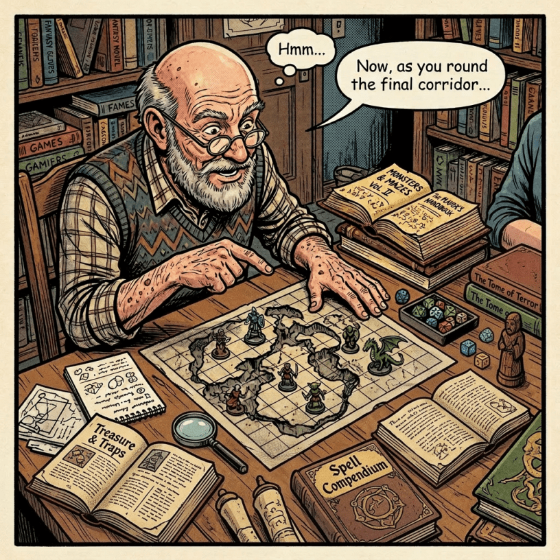 Elderly man pointing at a dungeon map with miniatures and dice during a role-playing game session