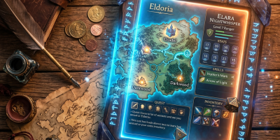 Glowing tablet showing Eldoria map and character stats beside RPG books and dice