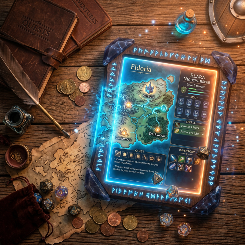 Glowing tablet showing Eldoria map and character stats beside RPG books and dice
