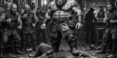 Viking warrior with axe stands over fallen armored soldier on muddy battlefield