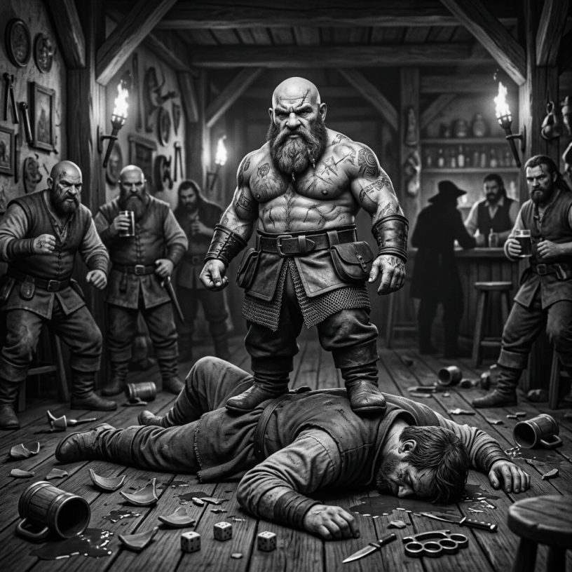 Viking warrior with axe stands over fallen armored soldier on muddy battlefield