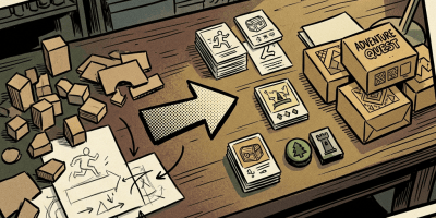 Comic-style game design desk with Adventure Quest box, cards, sketches, and Assembly text