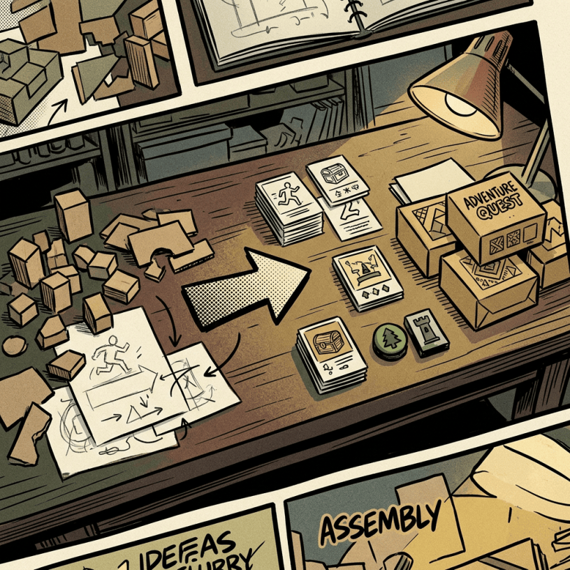 Comic-style game design desk with Adventure Quest box, cards, sketches, and Assembly text