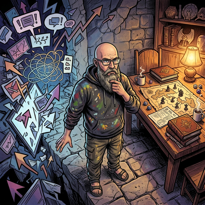 Thoughtful woman stands beside a map-covered table amid swirling arrows and ideas