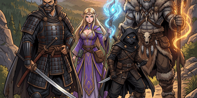 Fantasy adventuring party with warriors, mage, wolf warrior, and cat rogue