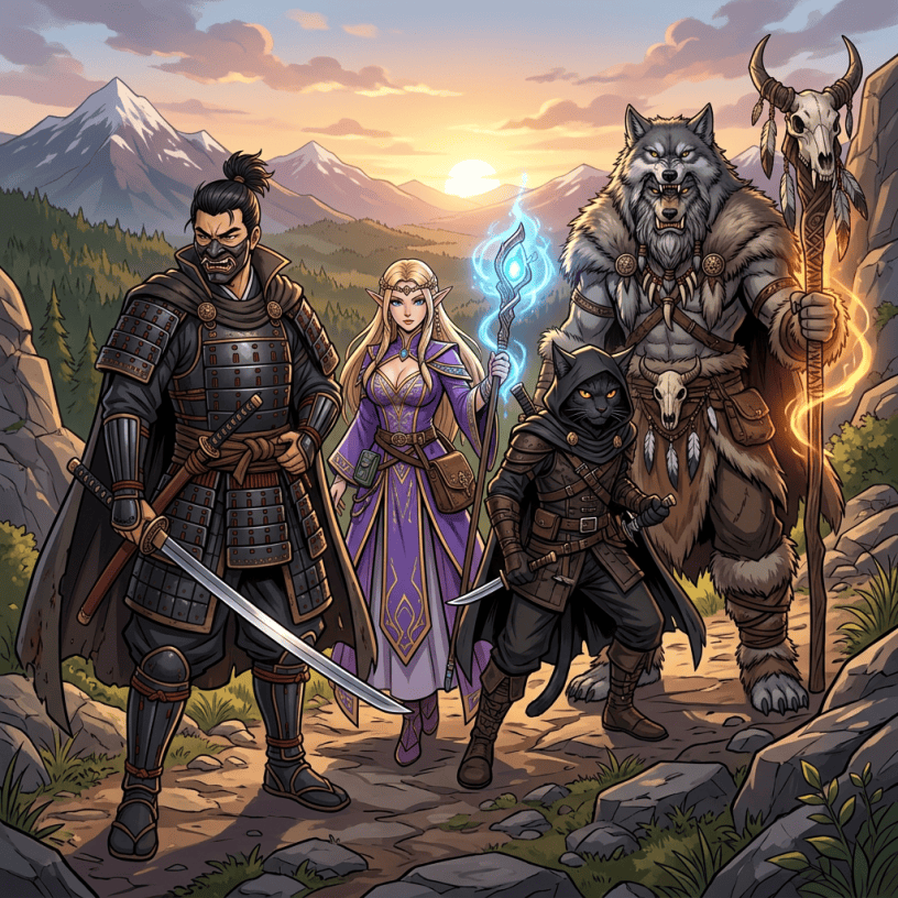 Fantasy adventuring party with warriors, mage, wolf warrior, and cat rogue