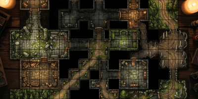 Gridded fantasy dungeon map with rooms, caves, forests, and waterways