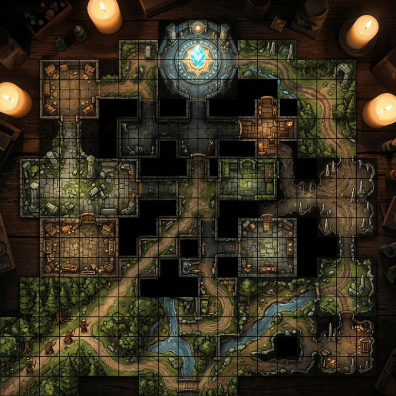 Gridded fantasy dungeon map with rooms, caves, forests, and waterways